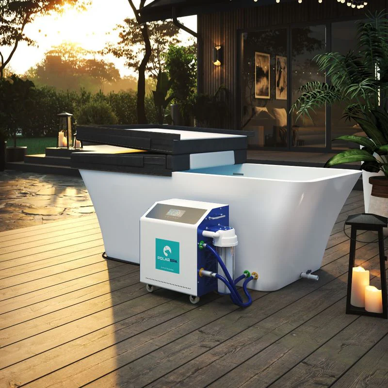 Product image prompt: Pulse PolarSpa PPS-5000 shown as a premium cold plunge setup—sleek modern tub with clean lines and a compact chiller unit, subtle digital temperature display visible; styled in an elegant outdoor or home-spa setting with natural stone and wood; no people, focus on product; diffused flattering light, film-inspired low contrast, ultra-realistic editorial product photography.